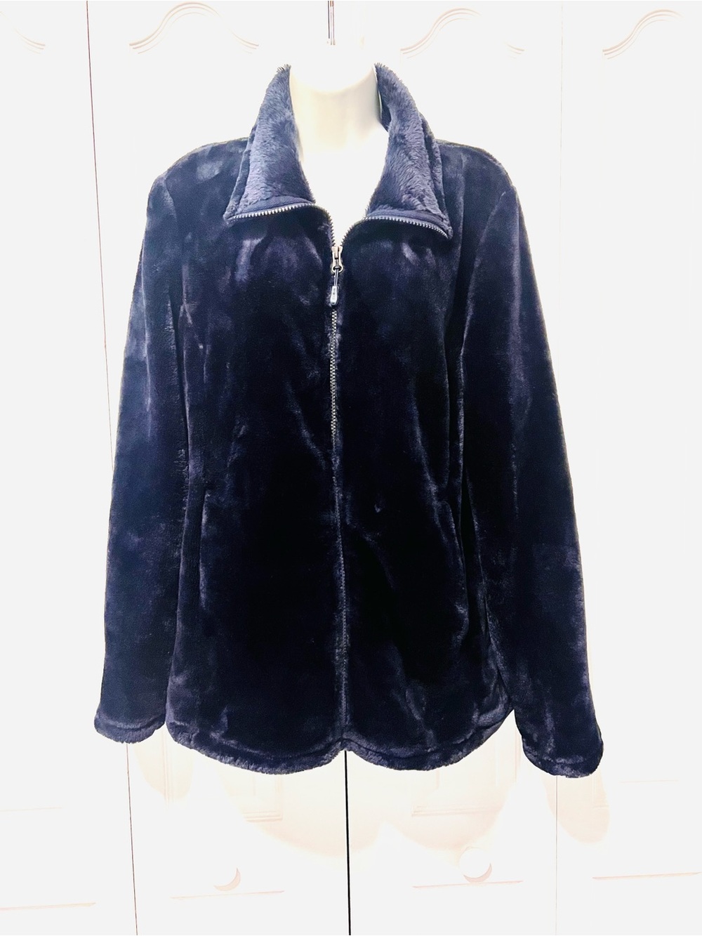 32 Degrees Heat Women's Plush Zip-Up Teddy Jacket/Navy Blue-XL-Warm/Cozy-Casual